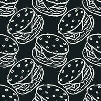 Seamless burger pattern. Drawn hamburger background. Doodle vector hamburger illustration