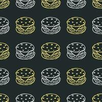 Seamless burger pattern. Drawn hamburger background. Doodle vector hamburger illustration