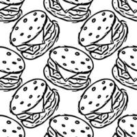 Seamless burger pattern. Drawn hamburger background. Doodle vector hamburger illustration