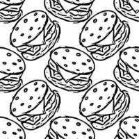 Seamless burger pattern. Drawn hamburger background. Doodle vector hamburger illustration