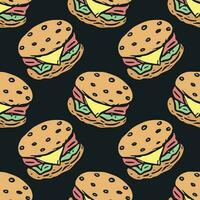 Seamless burger pattern. Drawn hamburger background. Doodle vector hamburger illustration