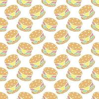 Seamless burger pattern. Drawn hamburger background. Doodle vector hamburger illustration