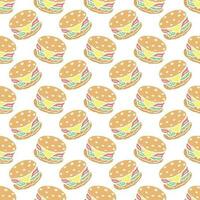 Seamless burger pattern. Drawn hamburger background. Doodle vector hamburger illustration