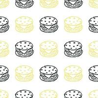 Seamless burger pattern. Drawn hamburger background. Doodle vector hamburger illustration