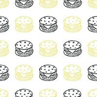 Seamless burger pattern. Drawn hamburger background. Doodle vector hamburger illustration