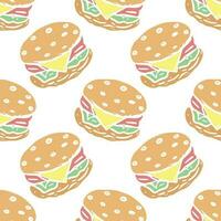 Seamless burger pattern. Drawn hamburger background. Doodle vector hamburger illustration