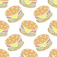 Seamless burger pattern. Drawn hamburger background. Doodle vector hamburger illustration