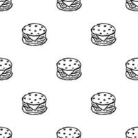 Seamless burger pattern. Drawn hamburger background. Doodle vector hamburger illustration