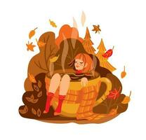 Girl enjoys autumn in the park.  Calm meditation. Time on yourself. vector