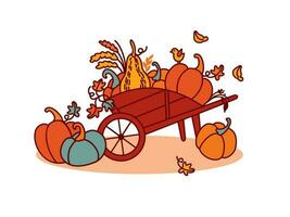 Cart with pumpkins, autumn harvest.  Village logo.  Farm. Vector illustration.