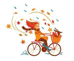 Girl rides a bike in the autumn park with her dog. Autumn mood.  Vector illustration.