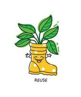 Reuse. Rubber boot with a plant inside. Save your planet. Eco label hand drawn. Vector. vector