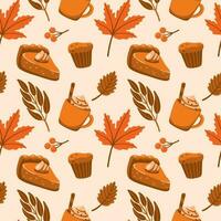 Different types of coffee and pastry, autumn leaves. Autumn mood. Seamless pattern in orange colores vector