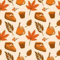 diferente tipos de café y Pastelería, otoño hojas. otoño humor. sin costura modelo en naranja colores vector