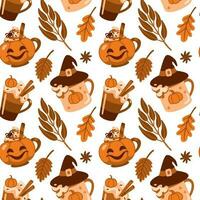 Aromatic coffee in funny pumpkin cups. Autumn mood. Seamless pattern. vector