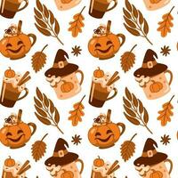 Aromatic coffee in funny pumpkin cups. Autumn mood. Seamless pattern. vector