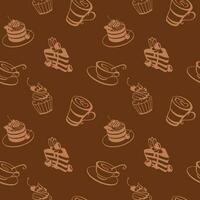 Coffee cap and biscuits, brownie, cheesecake, seamless pattern for for fabric, wallpaper, apparel. vector