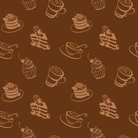 Coffee cap and biscuits, brownie, cheesecake, seamless pattern for for fabric, wallpaper, apparel. vector