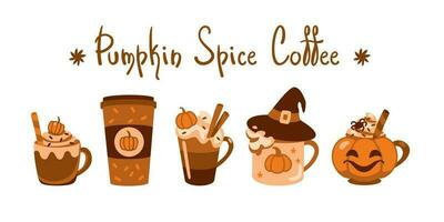 Pumpkin spice coffee. Different types coffee on cute cups. Autumn mood. Icon set vector