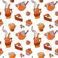 Different types coffee and desserts, seamless pattern. International coffee day vector