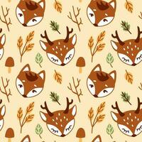 Baby's fox and fawn on autumn forest. Cute print for kid products. Seamless pattern. Vector