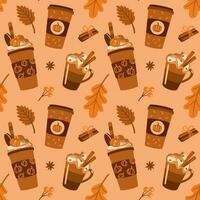 Spice coffee with cream. Autumn mood. Seamless pattern. vector