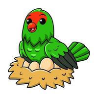 Cute black winged lovebird cartoon with eggs in the nest vector