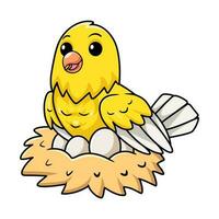 Cute canary bird cartoon with eggs in the nest vector