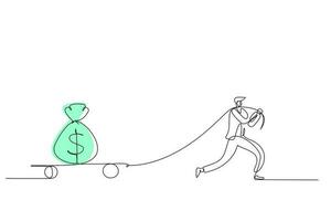 Cartoon stick drawing conceptual illustration of businessman pulling money bag on a cart. vector