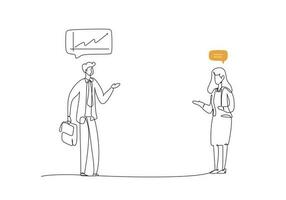 Two business people talking and discussing with speech bubbles. Linear vector illustration.