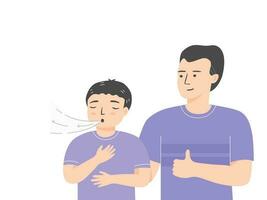 Relaxed kid breathing exercise with his dad. flat vector illustration.