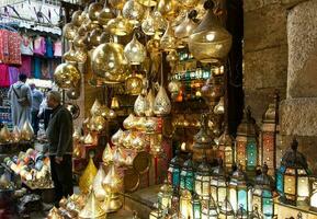 Cairo  Egypt- March 18, 2023 The old street market. Baazar of Khan el-Khalili, in Cairo. Egypt photo