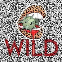 exciting image of animal print lips biting a spiked sphere and bleeding on animal print background vector