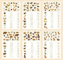 Worksheet for teaching mathematics and numeracy on the topic of autumn. For preschool children and kindergarten children who study numbers and counting. Vector illustration