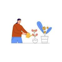 mujer riego el dinero plantas plano ilustración vector