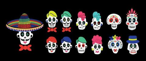 Collection of vector stickers of funny colorful cartoon skulls of different types on black background for Halloween celebration concept designs