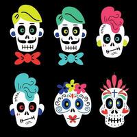 Collection of vector stickers of funny colorful cartoon skulls of different types on black background for Halloween celebration concept designs