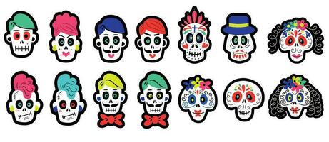 set of vector stickers of funny colorful skulls