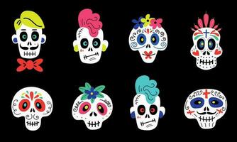 Collection of vector stickers of funny colorful cartoon skulls of different types on black background for Halloween celebration concept designs