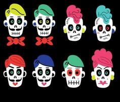 Collection of vector stickers of funny colorful cartoon skulls of different types on black background for Halloween celebration concept designs