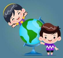 Smiley Boy Pointing and Girl Learning With The World Globe Illustration vector