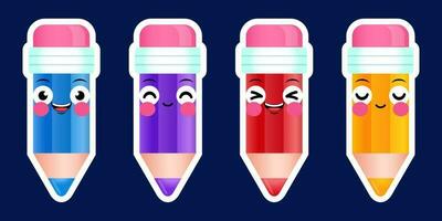 Cartoon Cute Pencils Sticker Emoticon Face Positive Emotions Set Vector