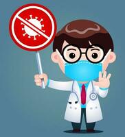 Cartoon Doctor Wear Surgical Medical Mask Holding Stop Coronavirus Sign vector