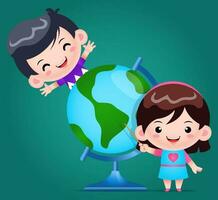 sonriente niña señalando y chico aprendizaje con el mundo globo ilustración vector