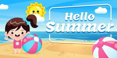 Happy Cute Girl Holding Beach Ball With Summer Greeting Banner vector