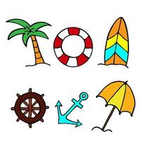 Set of summer beach elements in hand drawn doodle style. Monochrome vector illustration isolated on white background. Collection of things for vacation.