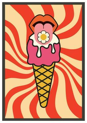 Ice Cream vintage, retro, 70s vector poster summer and spring. Swirling radial red background. Beach holiday shop.
