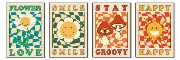 Collection groovy posters set 70s. Retro poster with psychedelic flowers and mushrooms, smile face, sun, happy summer or spring. Vintage prints. Flat vector illustration.