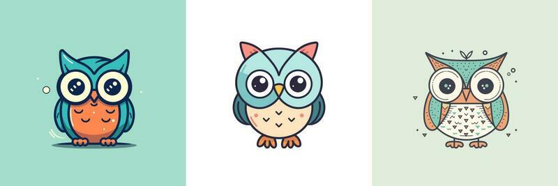 Cute baby owl mascot kawaii cartoon bird illustration set collection