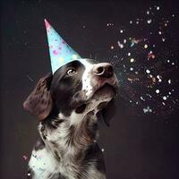 Cute dog with a party hat celebrating her birthday, confetti falling. Generate Ai photo